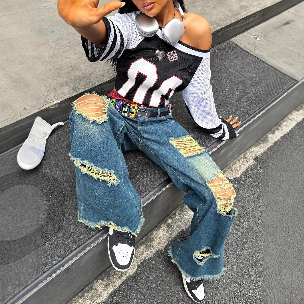 Damen weite Destroyed-Baggy-Jeans mit großflächigen Fransenrissen und relaxed Fit Echo Archiv