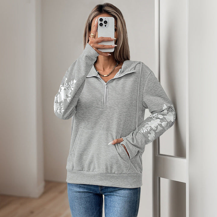 Damen Kapuzenpullover mit halbem Reißverschluss, Kängurutasche & floralen Ärmelapplikationen Echoarchiv