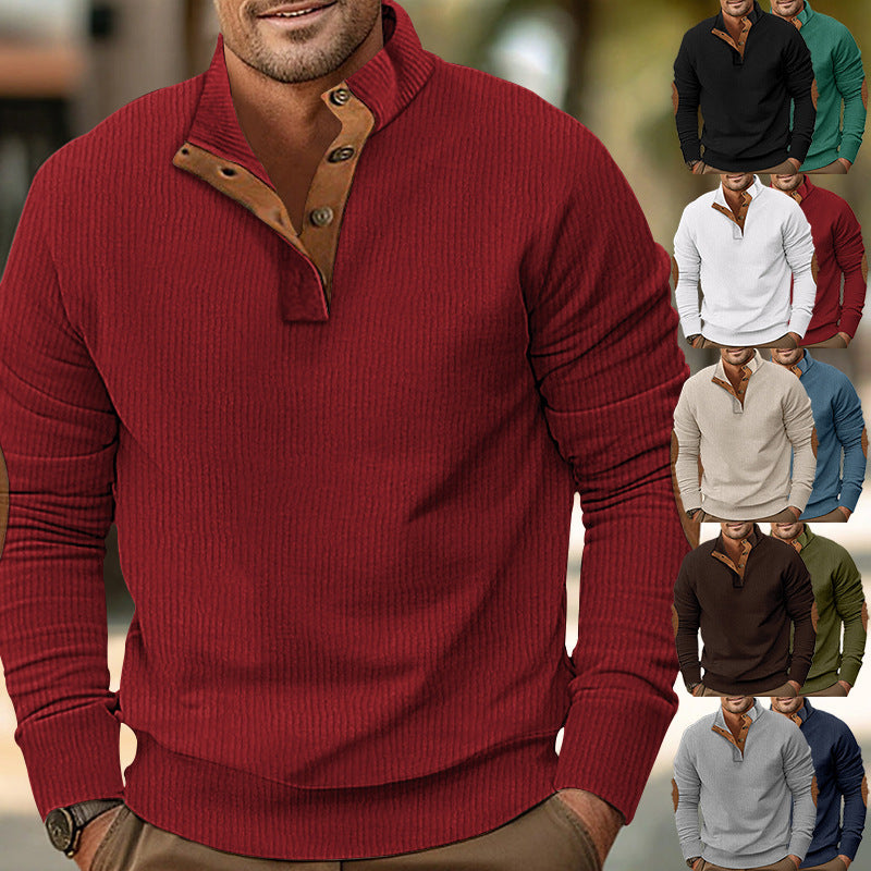 Herren nan strukturiertes Rugby-Pullover mit Stehkragen, Knopfleiste und Leder-Ellenbogenpatches Echo Archiv
