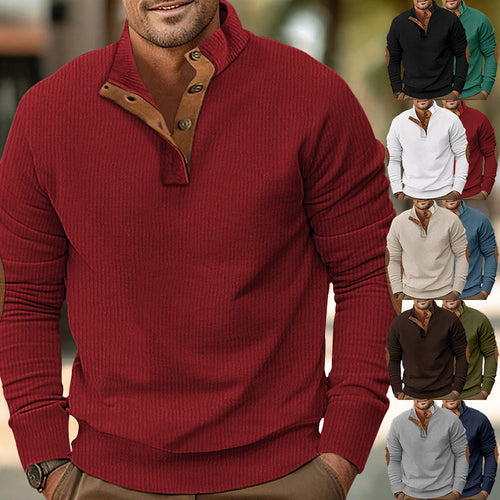 Herren nan strukturiertes Rugby-Pullover mit Stehkragen, Knopfleiste und Leder-Ellenbogenpatches Echo Archiv