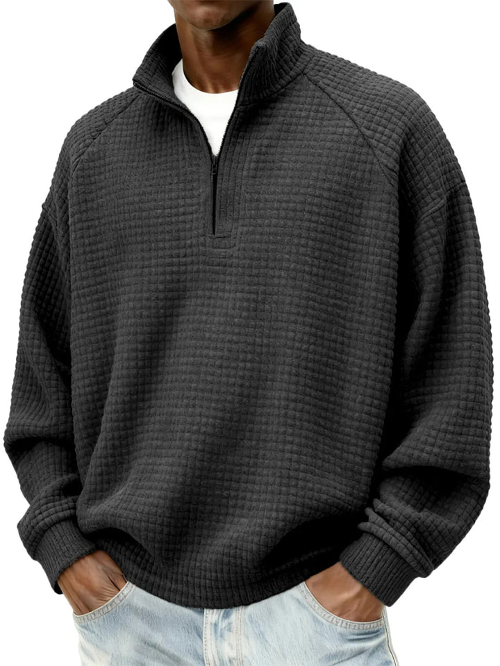 Herren Waffelstrick-Oversize-Pullover mit Halbreißverschluss und Stehkragen Echoarchiv