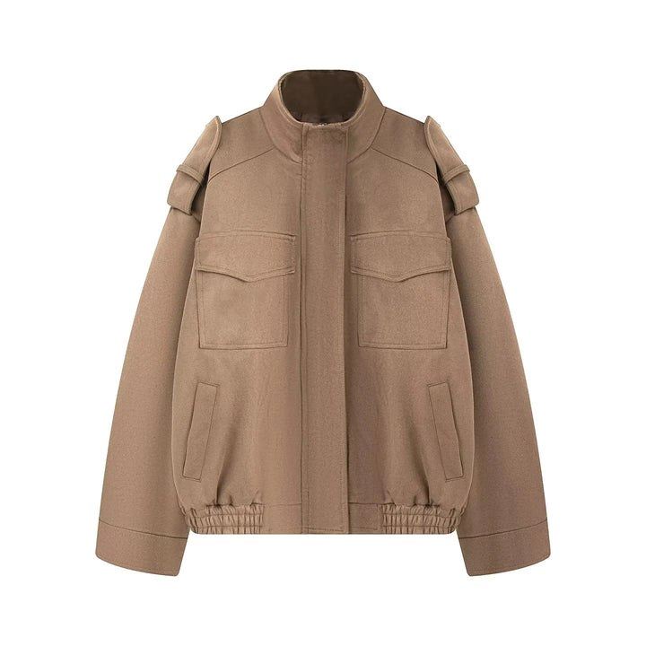 Damen kastiger Wollmix-Bomber mit Schulterklappen, Pattentaschen und elastischem Saum – Avenza