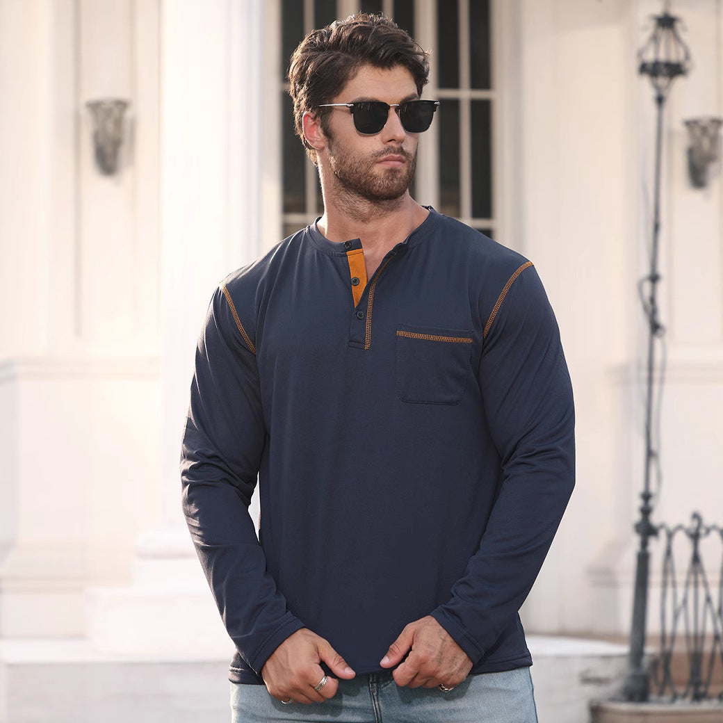 Herren nan Langarmshirt mit kurzer Knopfleiste Brusttasche und kontrastierenden Ziernähten Echo Archiv