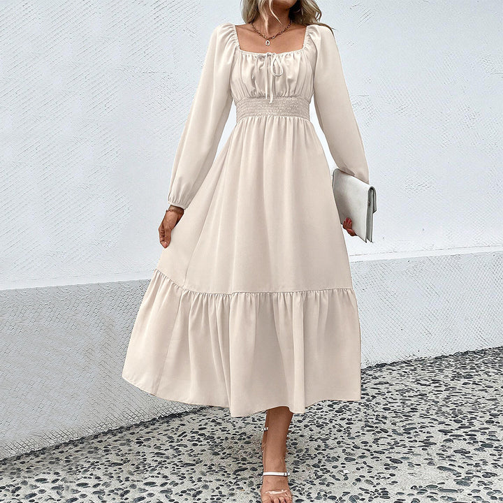 Damen gerafftes Midikleid mit Smok-Taillenbund, eckigem Ausschnitt, langen Puffärmeln und stufigem Volantrock – Élara