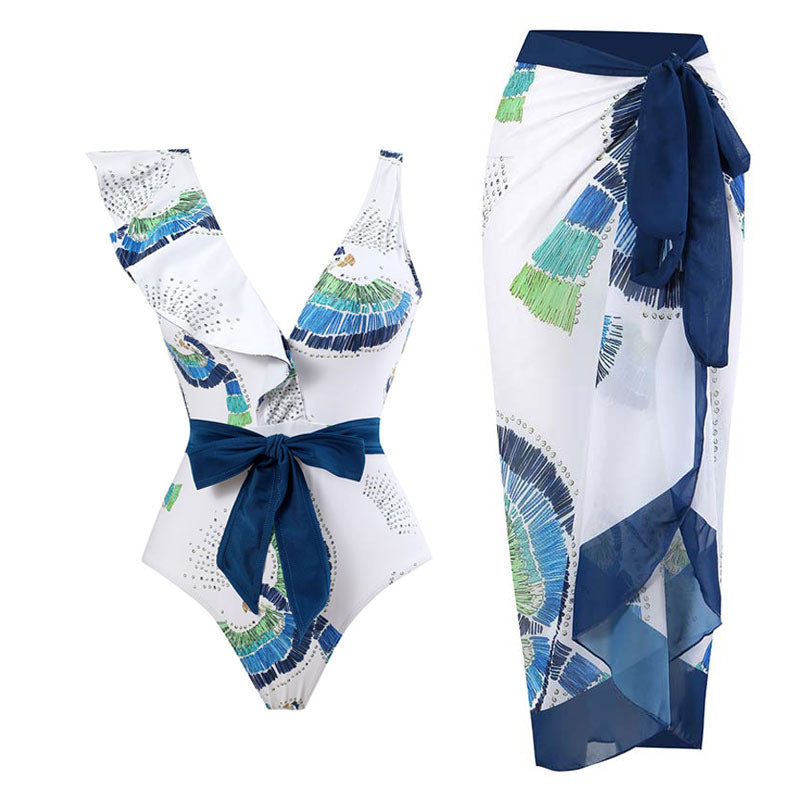 Damen Eleganter Einteiler Badeanzug mit floralen Rüschendetails Echo Archiv