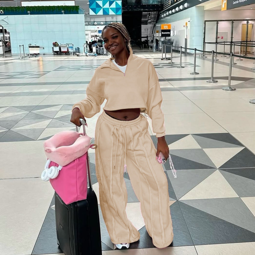 Damen Crop-Halbzip-Sweatshirt und High-Waist Wide-Leg Loungehose Set mit sichtbaren Naht-Details – Avérine