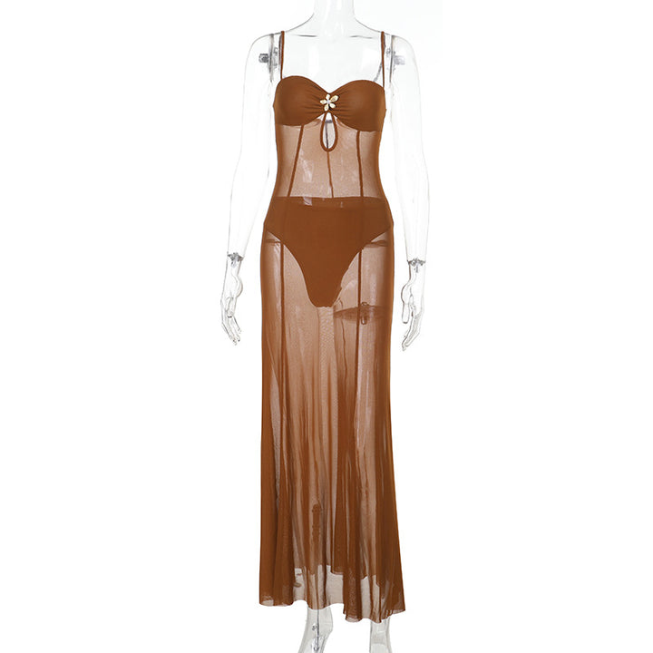 Damen transparenter Strand-Mantel mit verführerischem Cut-Out und zarter Blumenapplikation Echo Archiv
