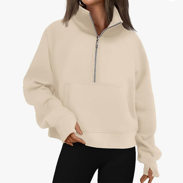 Damen nan kurzer Halfzip-Sweater mit hohem Stehkragen, Kängurutasche und verlängerten Daumenlöchern Echo Archiv