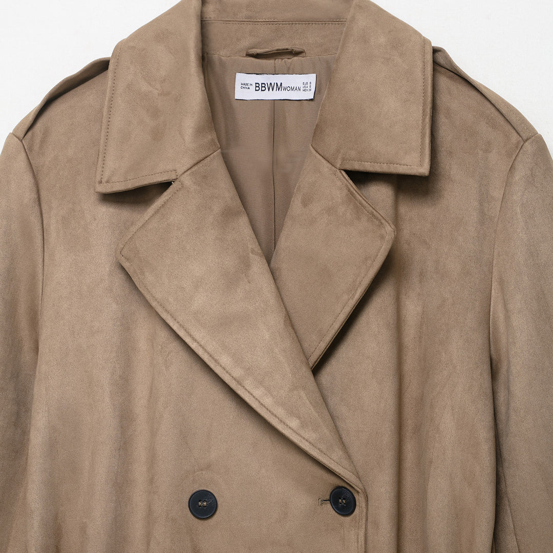 Damen Trenchcoat in Veloursleder-Optik doppeltreihig mit Taillengürtel Echoarchiv