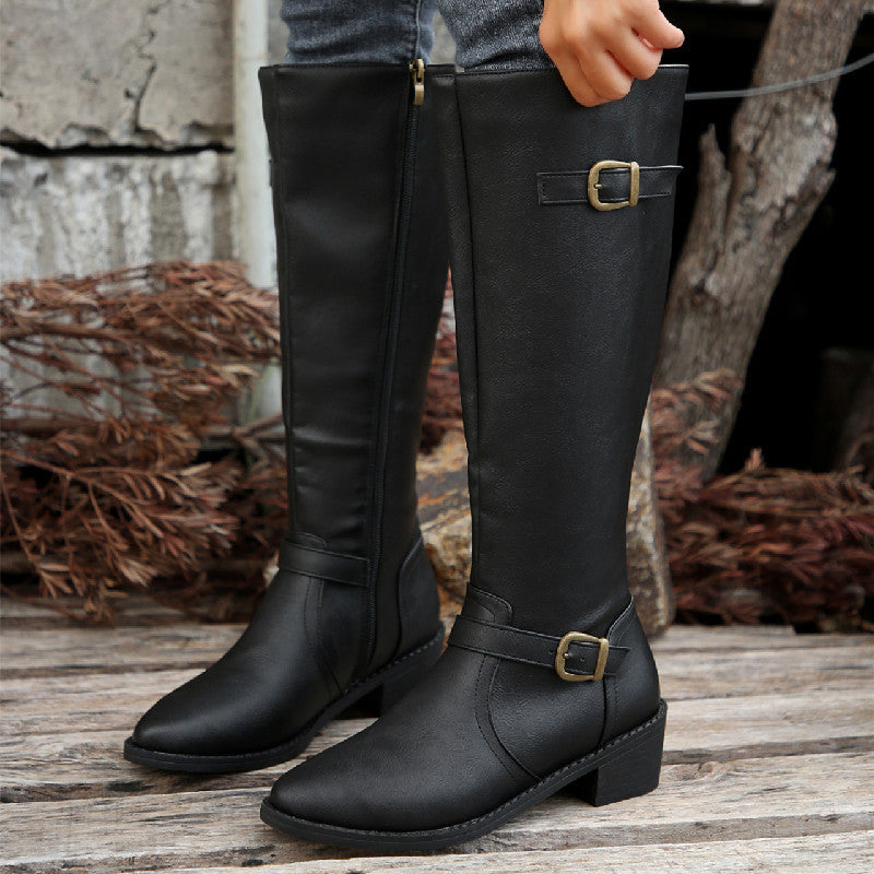 Damen  kniehohe Stiefel in Lederoptik mit seitlichem Reißverschluss und Zierschnalle Echo Archiv