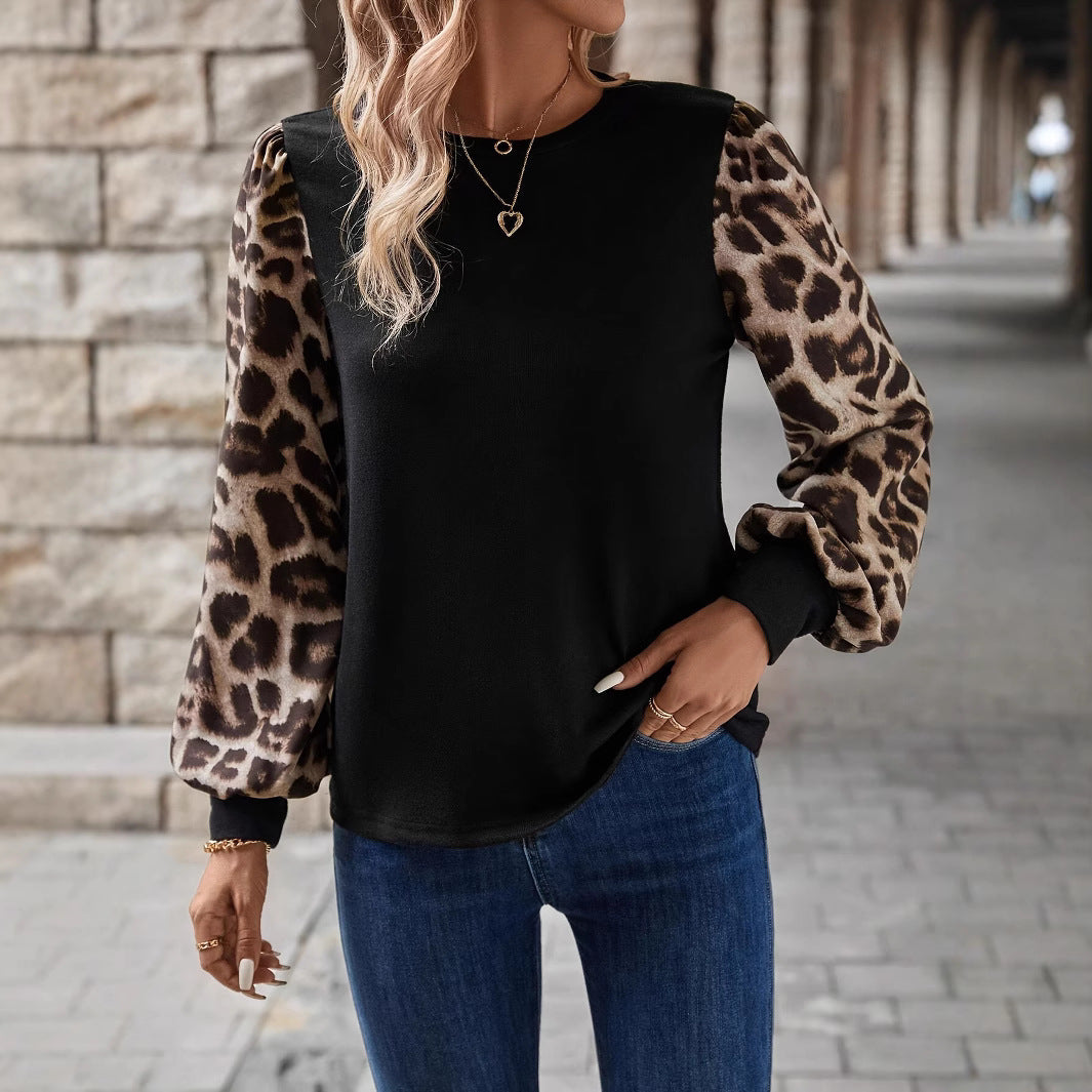 Damen Sweatshirt mit Chiffon-Ballonärmeln und Leo-Print Echoarchiv