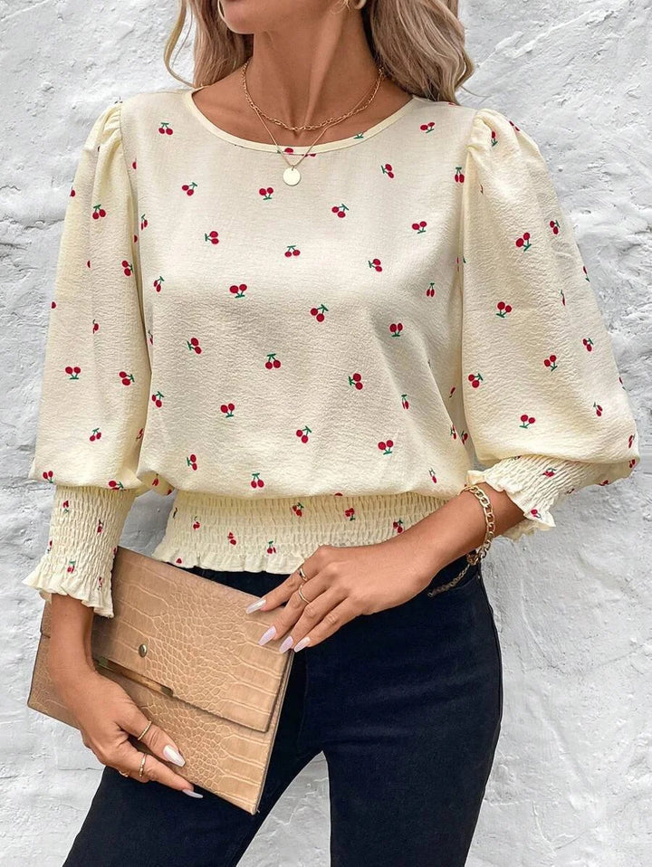 Damen Leichte Feinstruktur-Bluse mit Ballonärmeln, Smockbündchen und Rundhals – Élovi