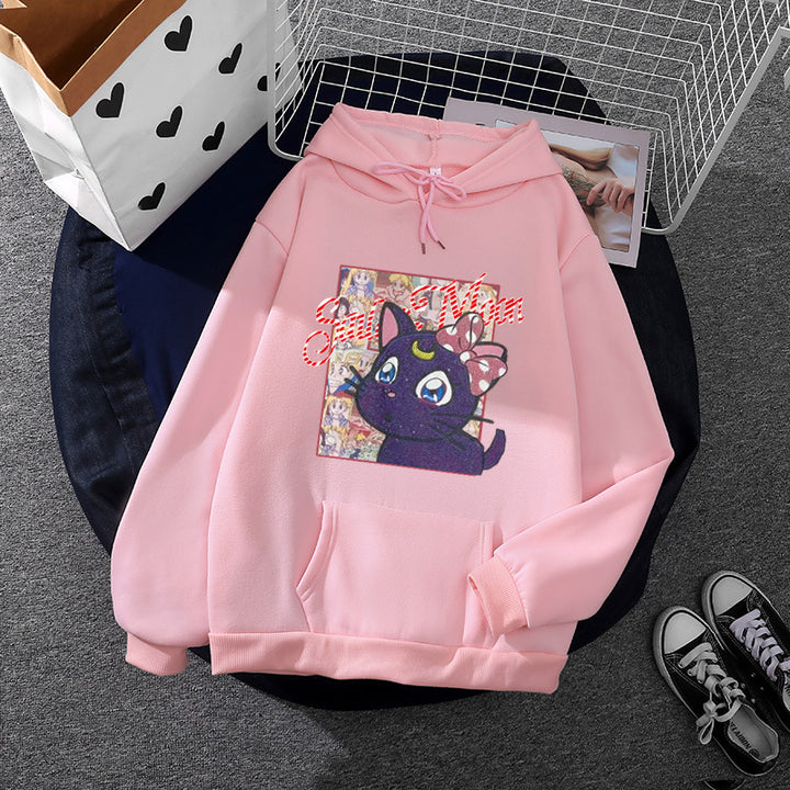 Damen Oversize-Kapuzenpullover mit glitzerndem Anime-Katzen-Motiv, Kängurutasche und weichem Fleece-Innenfutter – Auréline