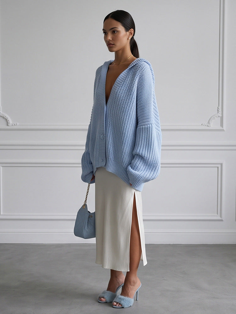 Damen Oversized Kapuzen-Strickcardigan mit Ballonärmeln und Knopfleiste Echoarchiv