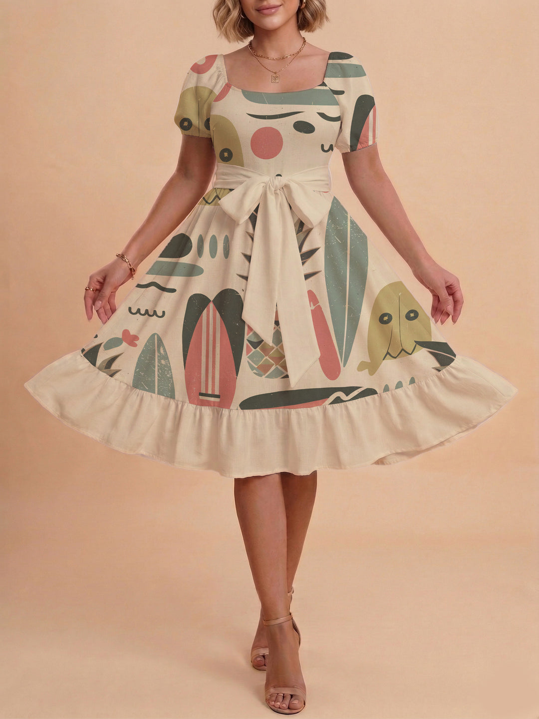 Damen A-Linien-Kleid mit floralen Motiven und taillierbarem Gürtel Echo Archiv