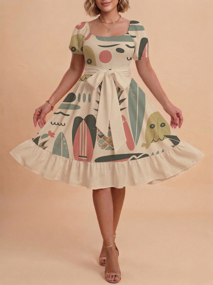 Damen A-Linien-Kleid mit floralen Motiven und taillierbarem Gürtel Echo Archiv