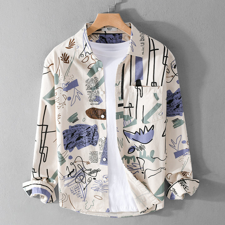 Herren Lockeres Hemdjacken-Overshirt mit abstraktem Skizzenprint, Brusttasche und weichem Baumwollgriff Echoarchiv