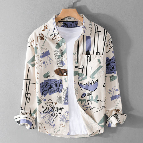 Herren Lockeres Hemdjacken-Overshirt mit abstraktem Skizzenprint, Brusttasche und weichem Baumwollgriff Echoarchiv