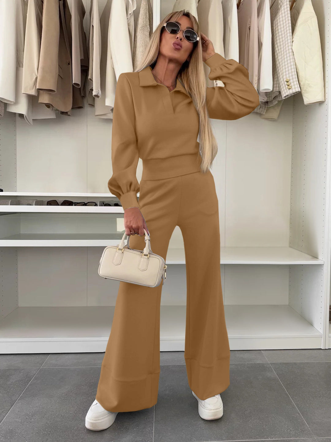 Damen Zweiteiliges Lounge-Set mit Polokragen und taillenhoher Palazzohose Echoarchiv