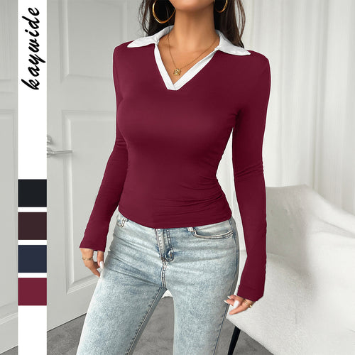 Damen tailliertes Longsleeve mit kontrastpolokragen und tiefem V-Ausschnitt – Avérine