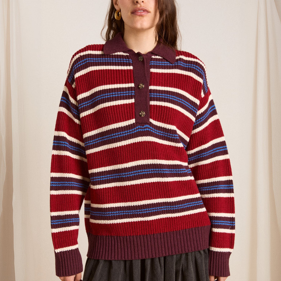 Damen Oversize Strickpullover mit Polokragen & mehrlagigem Streifenrelief Echoarchiv