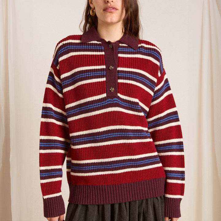 Damen Oversize Strickpullover mit Polokragen & mehrlagigem Streifenrelief Echoarchiv
