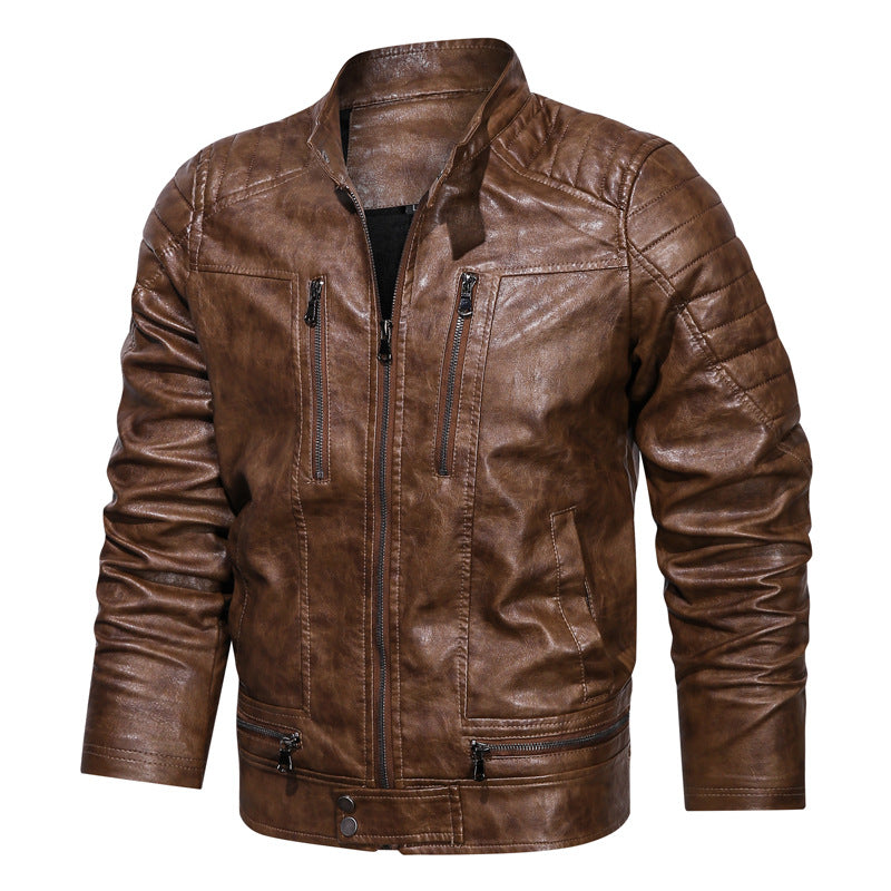 Herren Motorrad-inspirierte Lederoptikjacke mit Stehkragen und Ziernähten – Taviero