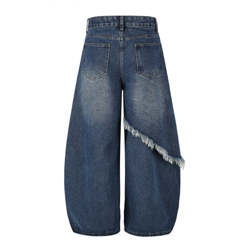 Damen High‑Waist weite Palazzo-Jeans mit asymmetrischem Fransen-Detail und Strassapplikation Echoarchiv