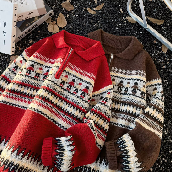 Damen Jacquard-Halbzip-Pullover mit Polokragen und Norweger‑Intarsie Echoarchiv