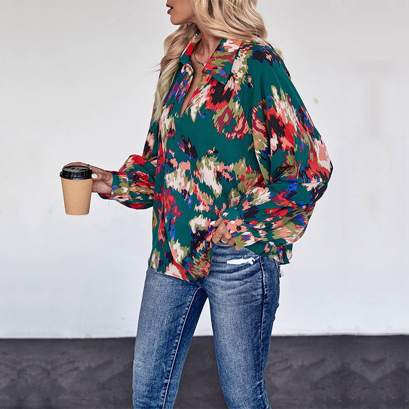 Damen Weites Blusenshirt mit Hemdkragen, abstraktem Print und Ballonärmeln Echoarchiv
