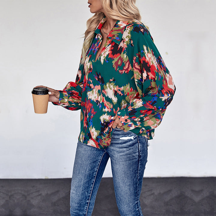 Damen Weites Blusenshirt mit Hemdkragen, abstraktem Print und Ballonärmeln Echoarchiv