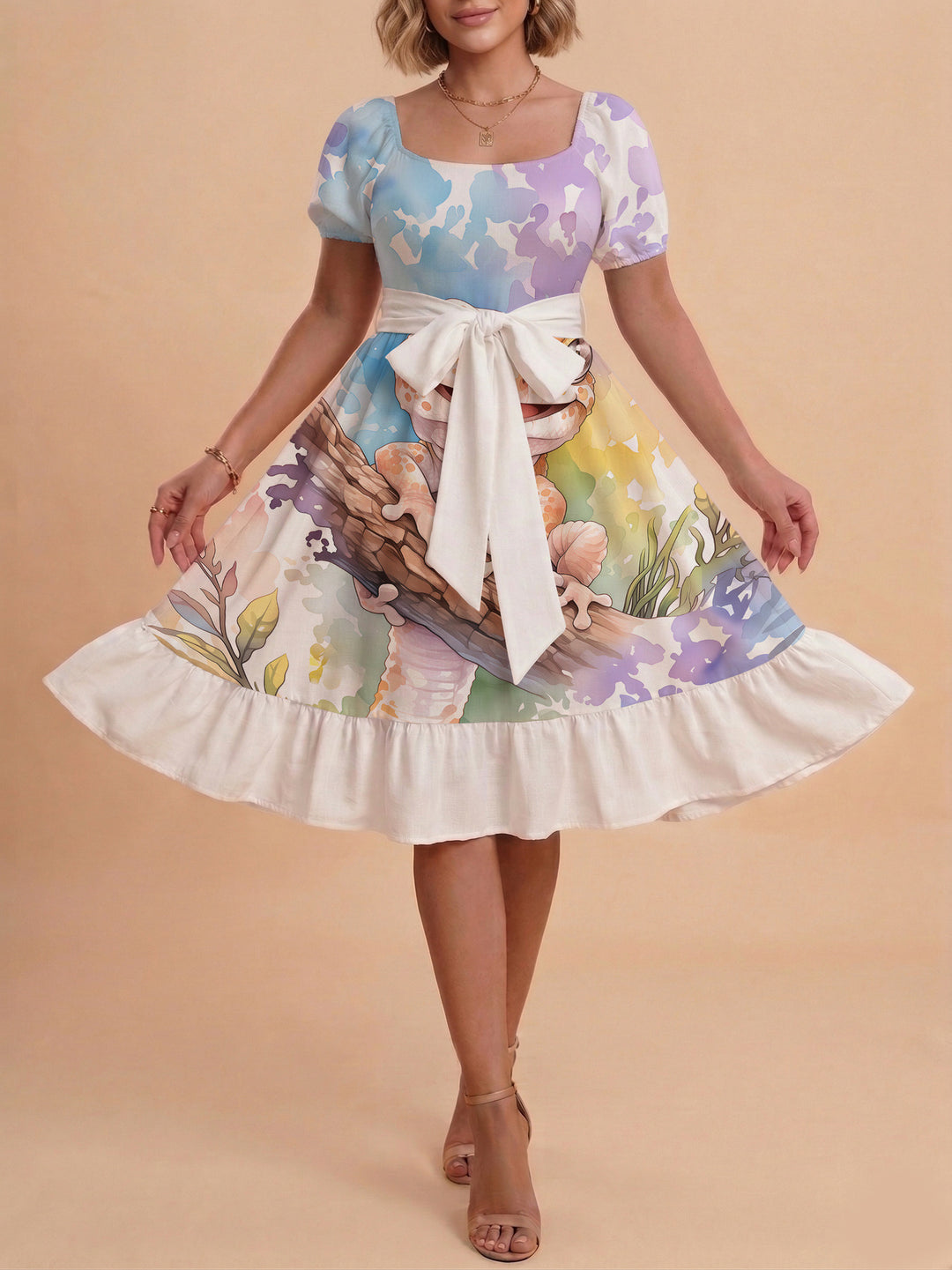 Damen Sommerliches Blumenkleid mit taillierbarem Gürtel und voluminösen Ärmeln Echo Archiv