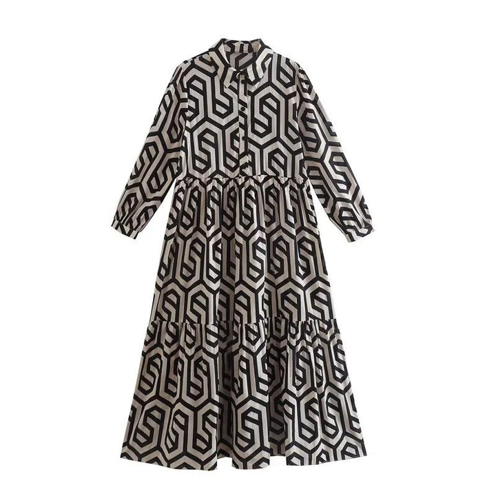 Damen nan langes Hemdkragen-Stufenkleid mit geometrischem Alloverprint und geraffter Taillenpasse Echo Archiv