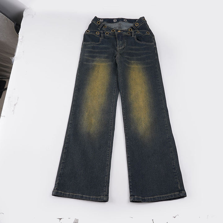 Damen High‑Waist Flared-Jeans mit doppeltem Nietenbund und Used-Effekt Echo Archiv