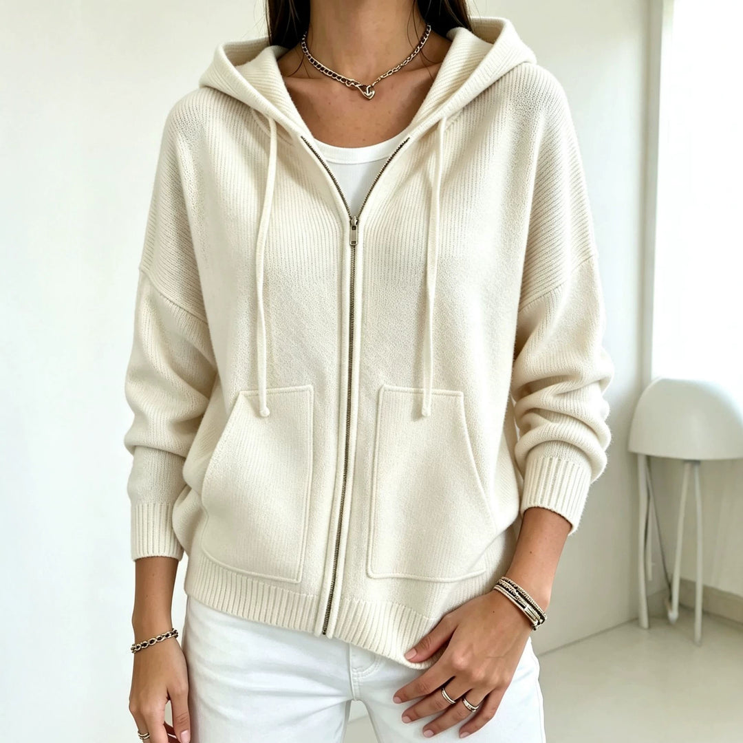 Damen Kapuzen-Wollmix Zip-Cardigan mit kastiger Passform und Kängurutaschen – Auréline