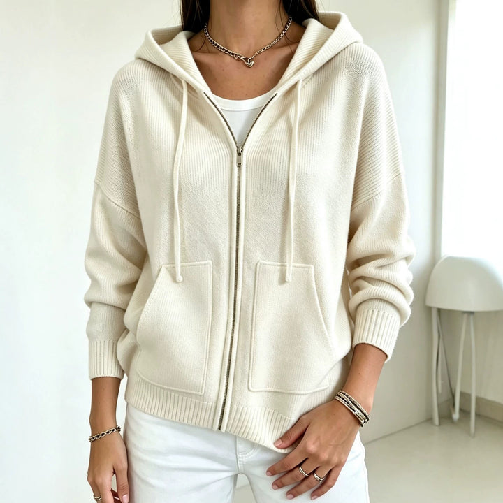 Damen Kapuzen-Wollmix Zip-Cardigan mit kastiger Passform und Kängurutaschen – Auréline