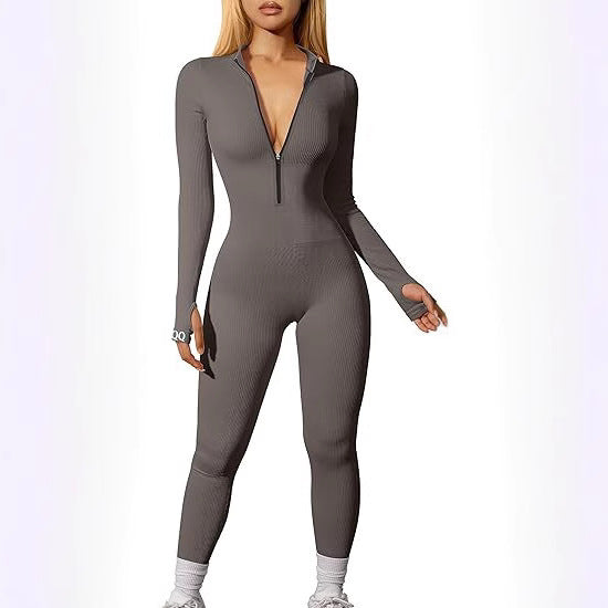 Damen nan figurbetonter Ripp-Jumpsuit mit hohem Halsausschnitt, langem Arm und sculptender Nahtführung Echo Archiv