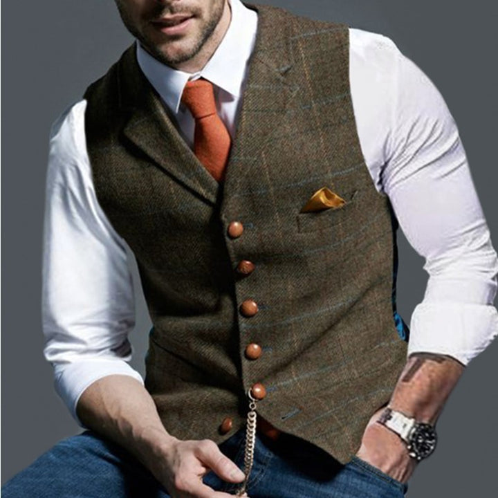Herren Tweed-Weste im Vintage-Stil mit Revers, Brusttasche und Zierkettendetail Echoarchiv