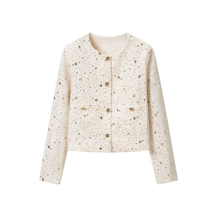 Damen Bouclé-Cropped-Jacke mit Paillettenbesatz, Rundhals und aufgesetzten Taschen Echoarchiv