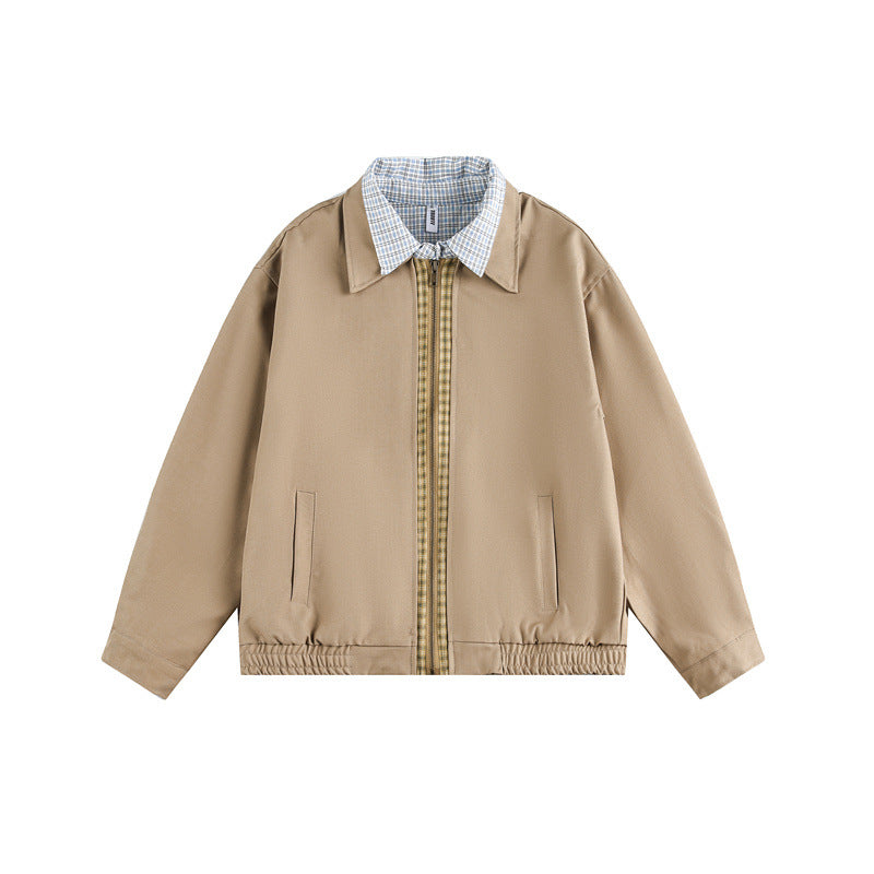Unisex Boxy-Blousonjacke mit kontrastierender Reißverschlussleiste und kariertem Innenkragen Echoarchiv
