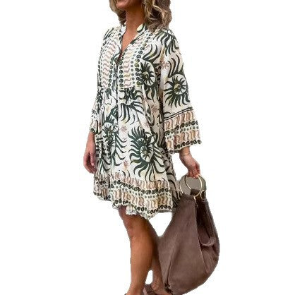 Damen nan locker geschnittenes Boho-Tunikakleid mit V-Ausschnitt geraffter Empire-Naht und Volant-Saum Echo Archiv