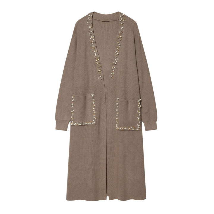 Damen langer Strickcardigan mit Perlenbesatz und aufgesetzten Taschen Echo Archiv