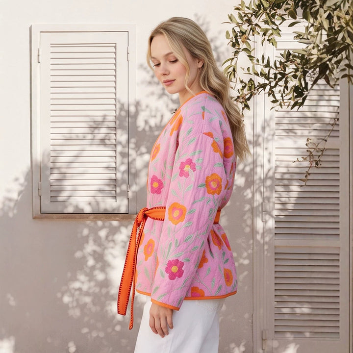 Damen Gestepptes Blumen-Kimono mit Bindegürtel Echoarchiv
