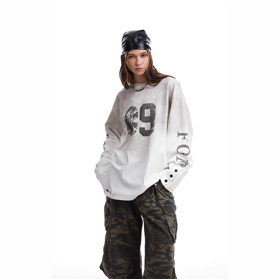 Herren Oversize-Longsleeve-Sweatshirt mit Print, verlängerten Manschetten und Used-Details Echoarchiv