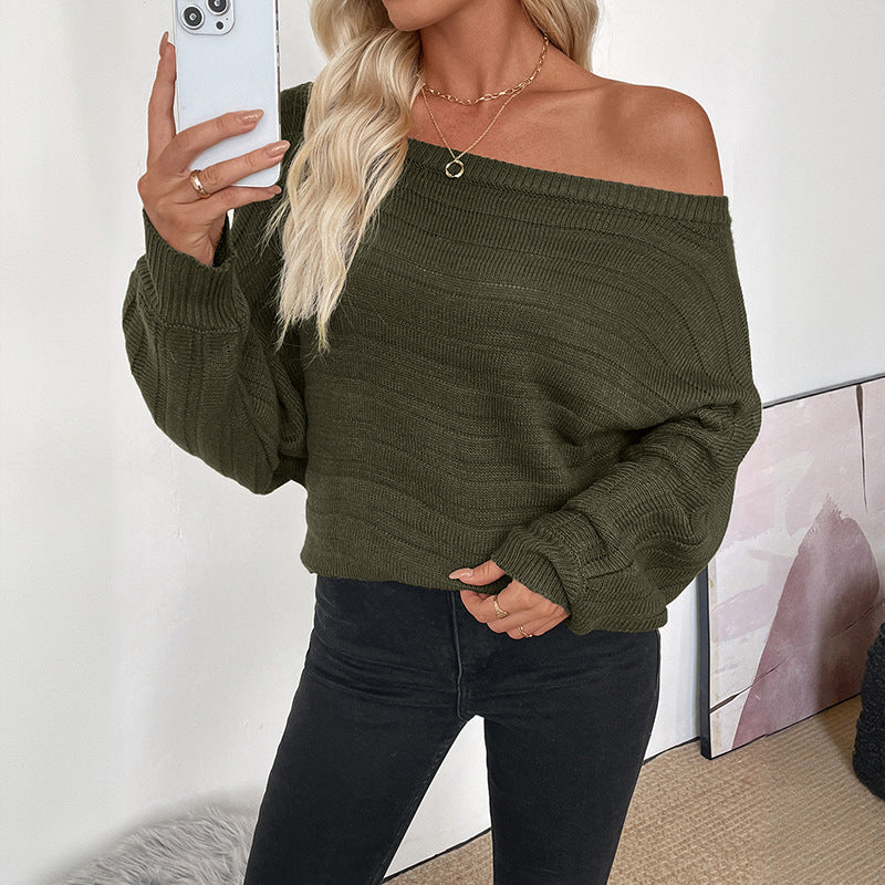 Damen Oversize Off-Shoulder Grobstrick-Tunika mit überschnittener Schulter und Ballonärmeln Echoarchiv