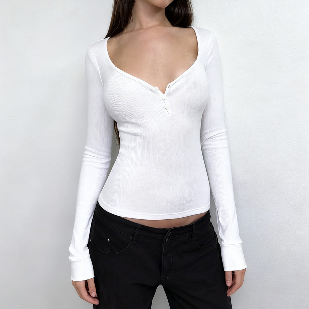 Damen nan figurbetontes geripptes Langarm-Henley-Top mit tiefem V-Ausschnitt und Knopfleiste Echo Archiv