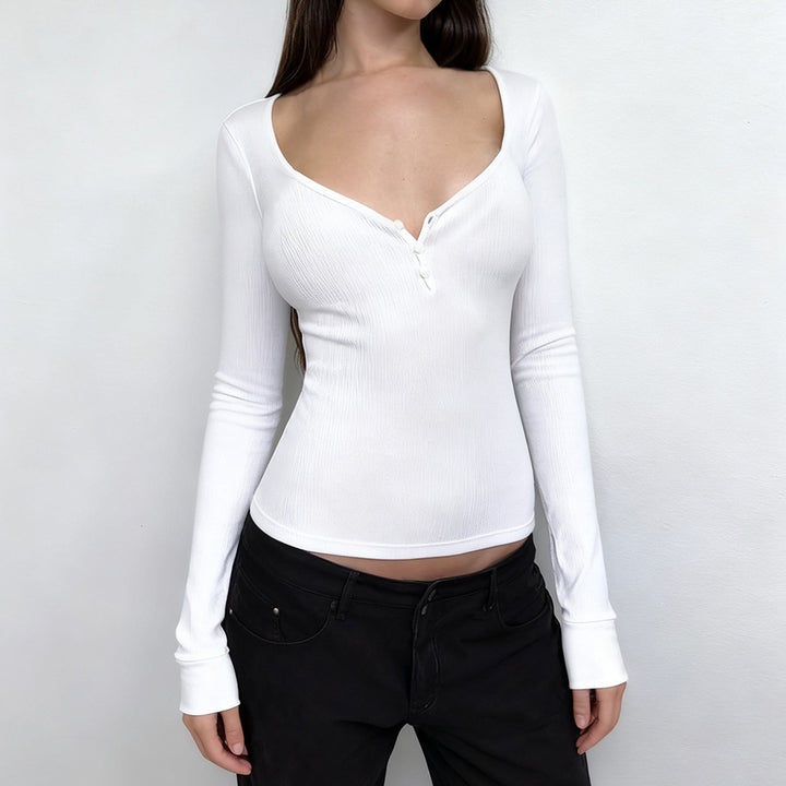 Damen nan figurbetontes geripptes Langarm-Henley-Top mit tiefem V-Ausschnitt und Knopfleiste Echo Archiv