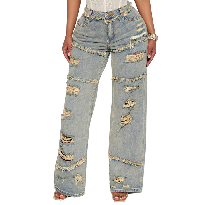 Damen Hochtaillierte Oversize-Jeans mit weitem Bein und ausgefransten Rissen Echo Archiv