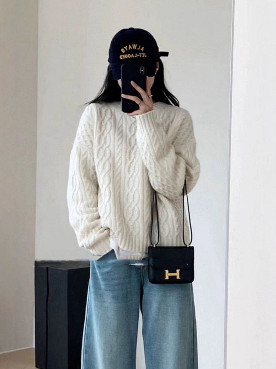 Damen Oversize Zopfmuster‑Pullover mit Rundhalsausschnitt und lässiger Schulterpartie Echoarchiv