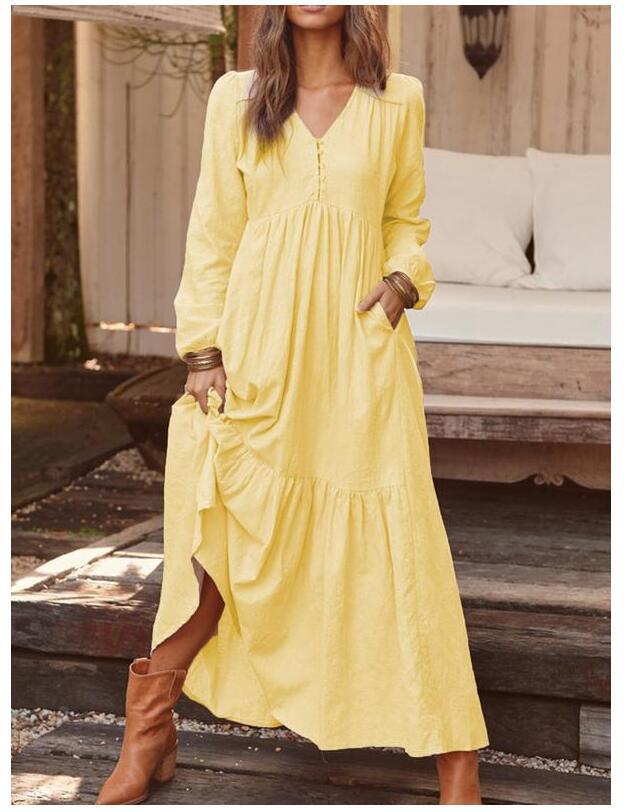 Damen nan luftiges Maxikleid mit V-Ausschnitt, Langarm und Eingrifftaschen Echo Archiv